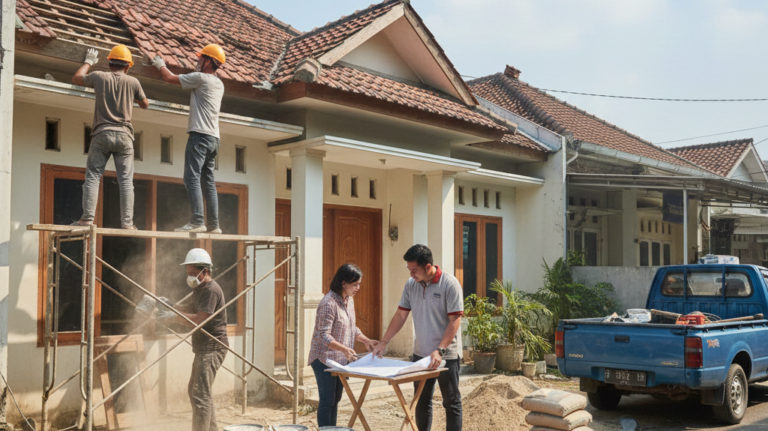 Proses renovasi eksterior rumah dengan pekerja memperbaiki fasad, mengecat dinding luar, dan menata teras rumah modern.
