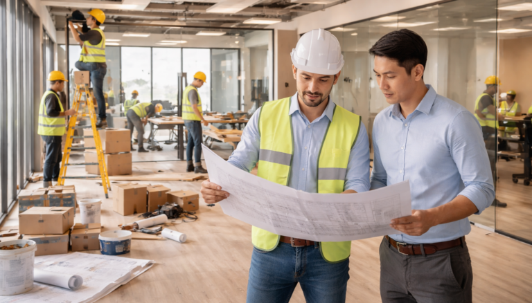 Tim profesional sedang melakukan pengerjaan renovasi interior kantor pada area lobby.