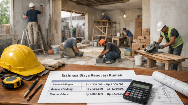 Estimasi biaya renovasi rumah dengan proses pengerjaan tukang profesional dan material bangunan berkualitas.