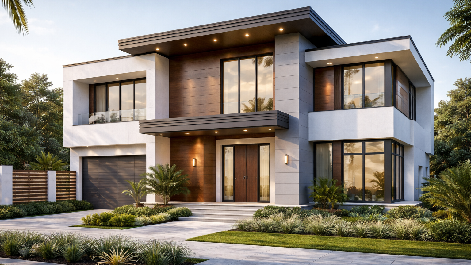 Inspirasi desain fasad rumah minimalis menggunakan material Aluminum Composite Panel warna abu-abu dan motif kayu.