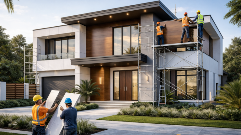 Pemasangan ACP oleh jasa kontraktor profesional pada fasad bangunan modern dengan hasil rapi dan elegan