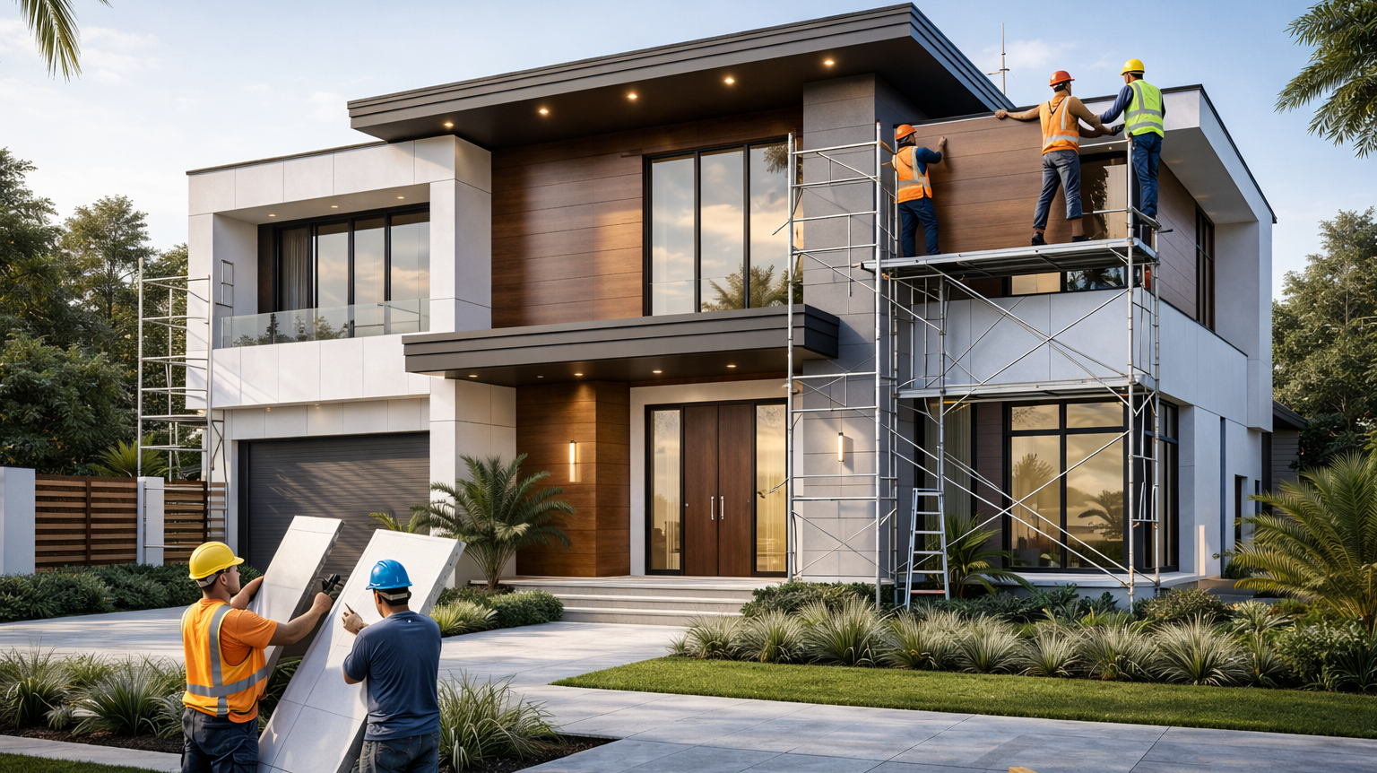 Pemasangan ACP oleh jasa kontraktor profesional pada fasad bangunan modern dengan hasil rapi dan elegan