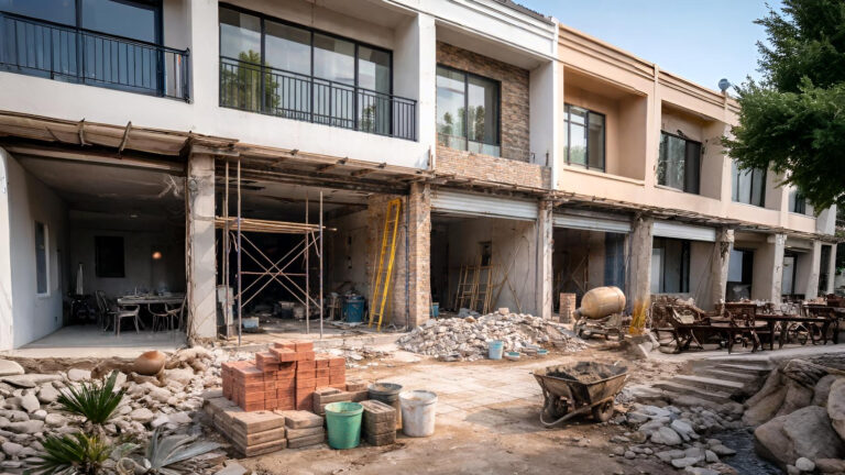 Proses pengerjaan renovasi ruko minimalis modern oleh tim profesional berpengalaman.