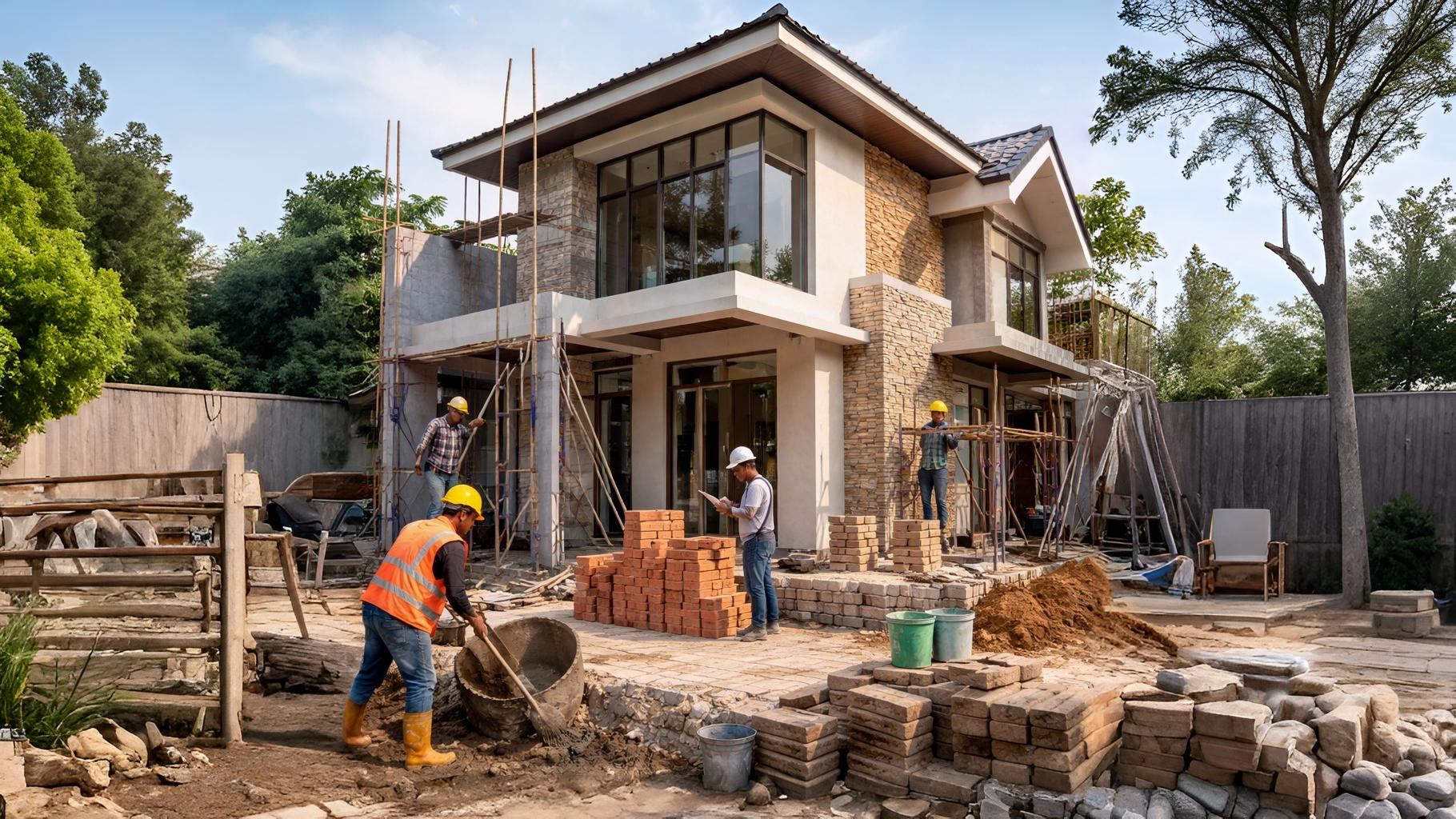 Kontraktor Bangunan sedang memantau proses pembangunan rumah minimalis di lokasi proyek jasa bangun rumah terdekat
