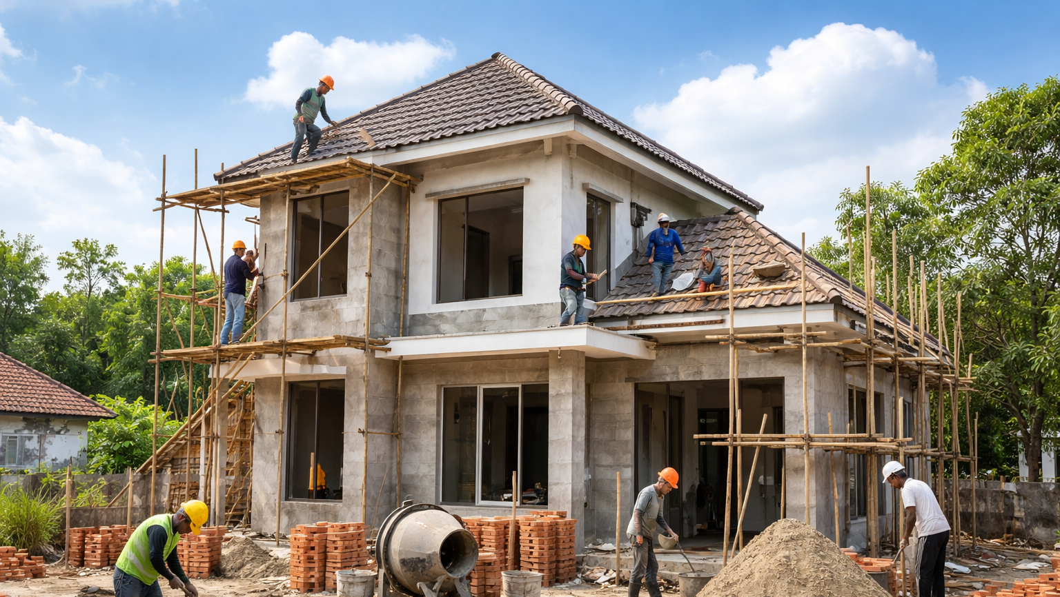 Proses pembangunan rumah sederhana menggunakan jasa bangun rumah murah dengan hasil rapi dan struktur kuat.
