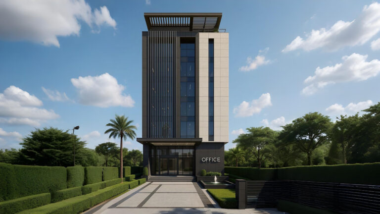 Tampilan eksterior gedung minimalis modern menggunakan lapisan aluminium composite panel warna metalik.