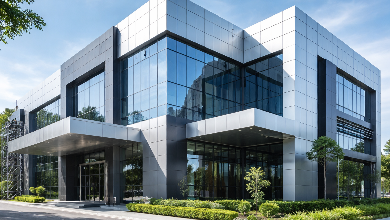 Pemasangan fasad ACP gedung modern dengan desain rapi dan tampilan elegan menggunakan aluminium composite panel