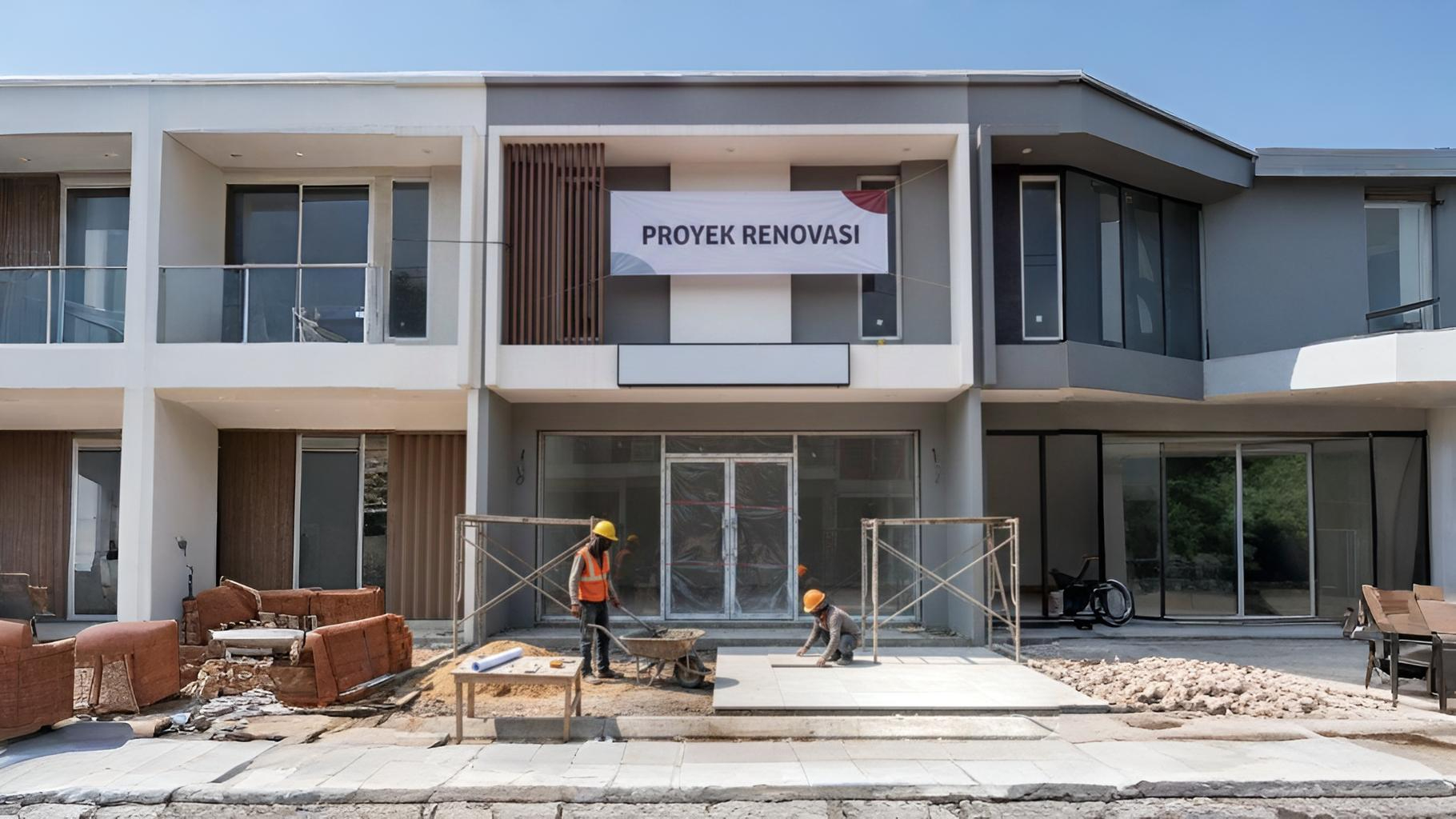 Ilustrasi ruko modern yang sedang direnovasi dengan pekerja konstruksi profesional.
