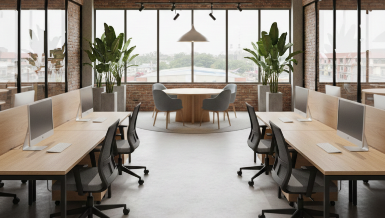 Desain interior kantor minimalis modern di Tambun hasil pengerjaan kontraktor profesional.