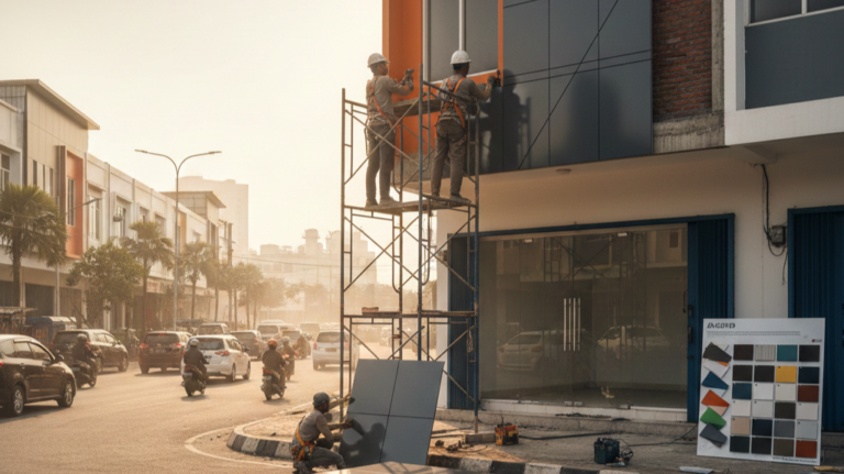 Renovasi ruko modern dengan desain rapi, tampilan depan menarik, interior nyaman, dan tata ruang fungsional untuk usaha.