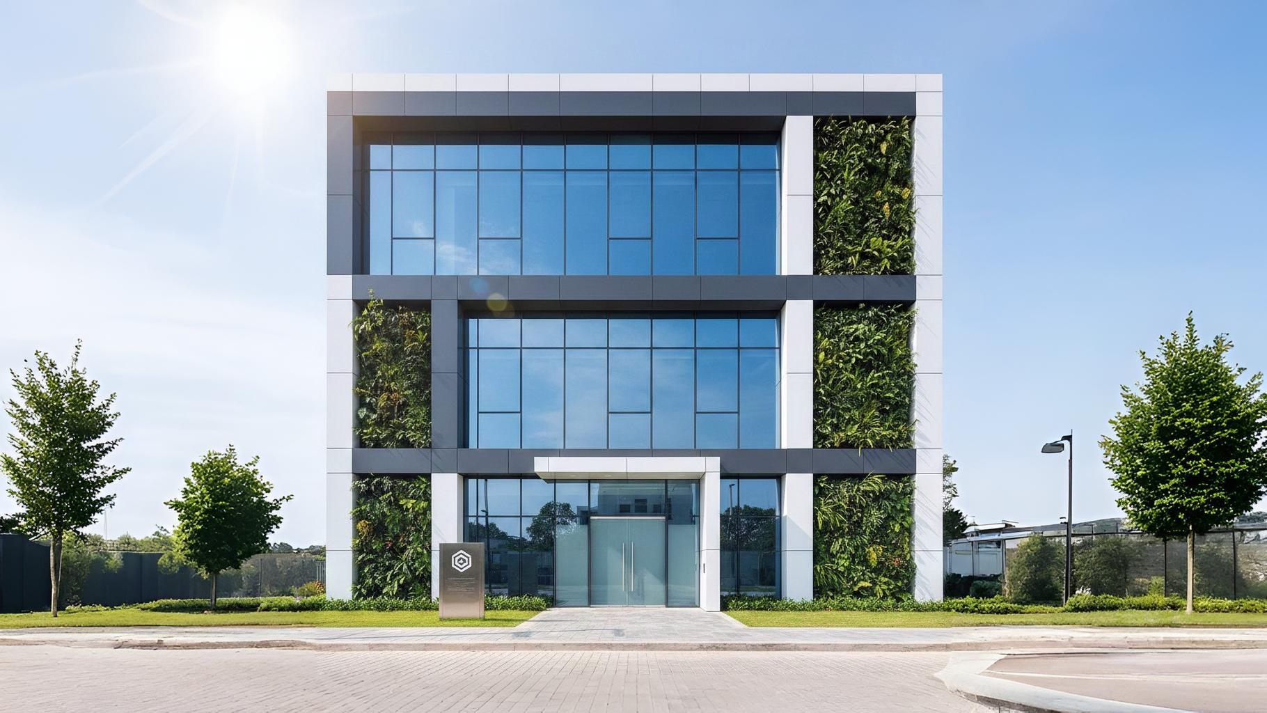 Desain fasad kantor modern minimalis dengan material kaca dan aluminium composite panel.