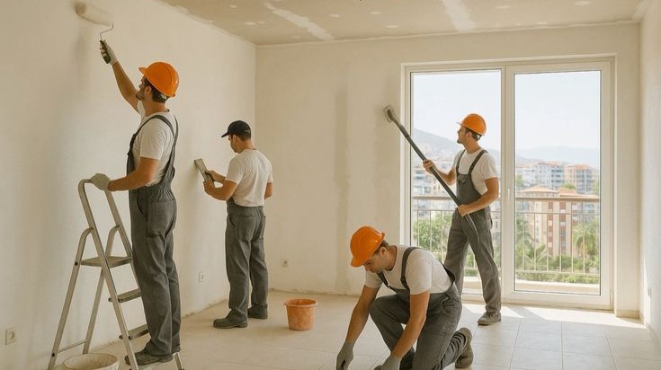 Proses jasa renovasi apartemen modern dengan desain interior rapi, pencahayaan optimal, dan tata ruang fungsional.