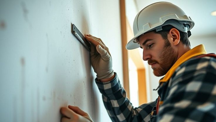 Tukang profesional sedang mengerjakan renovasi dinding rumah minimalis.