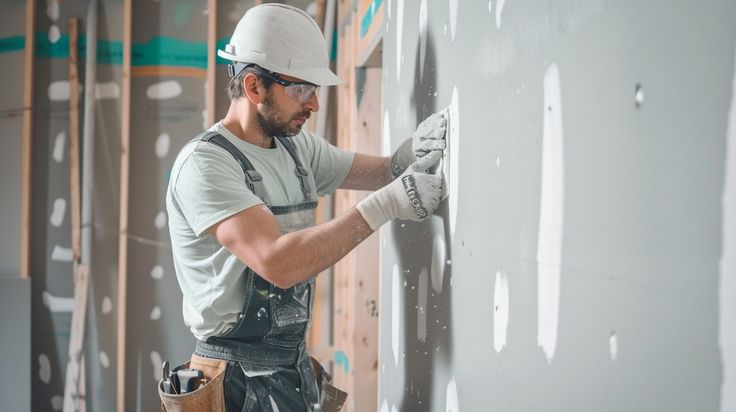 Tukang profesional sedang memperbaiki tembok rumah dengan material berkualitas tinggi.