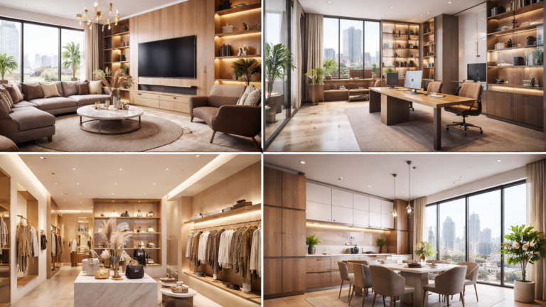 Renovasi interior ruangan oleh tim profesional dengan desain modern, furniture custom, pencahayaan hangat, dan tampilan rapi elegan.