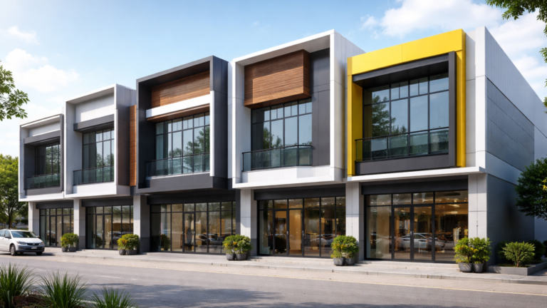 Tampilan fasad ACP ruko modern dengan desain minimalis dan warna elegan yang memperkuat kesan profesional bangunan usaha