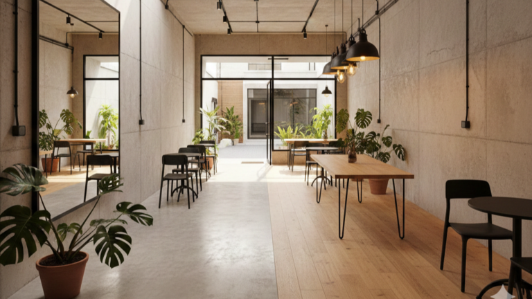 Desain interior ruko minimalis dengan pencahayaan alami dan furnitur kayu modern.