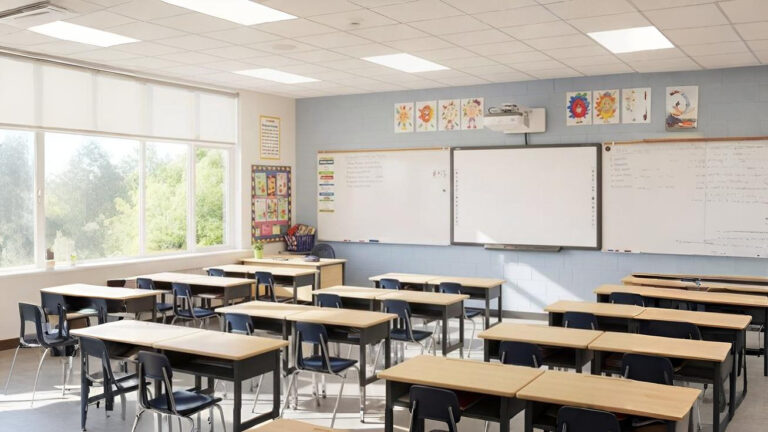 Interior ruang kelas sekolah dasar yang baru selesai direnovasi dengan cat dinding cerah