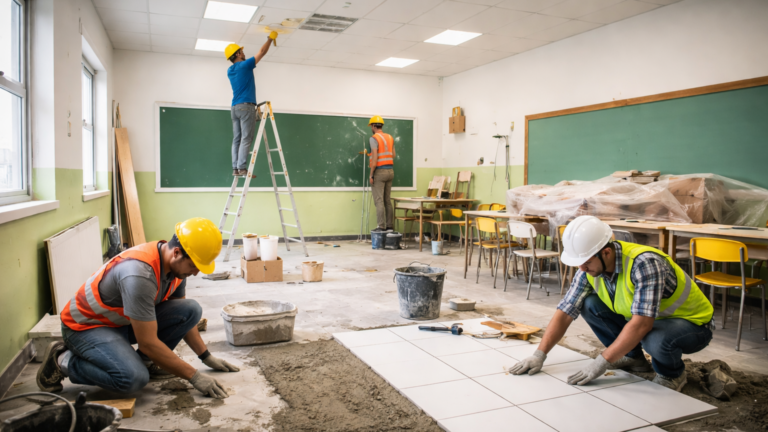 Pekerja melakukan renovasi gedung sekolah dengan memperbaiki ruang kelas agar lebih nyaman dan aman digunakan siswa.
