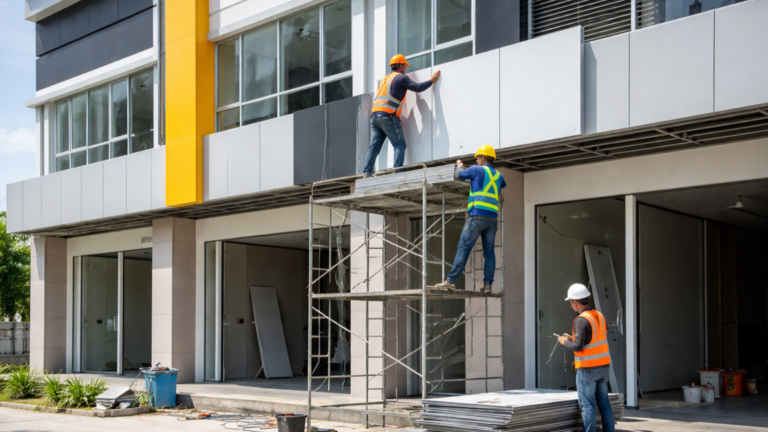 Pemasangan ACP pada fasad ruko di Bekasi dengan desain modern dan tampilan profesional