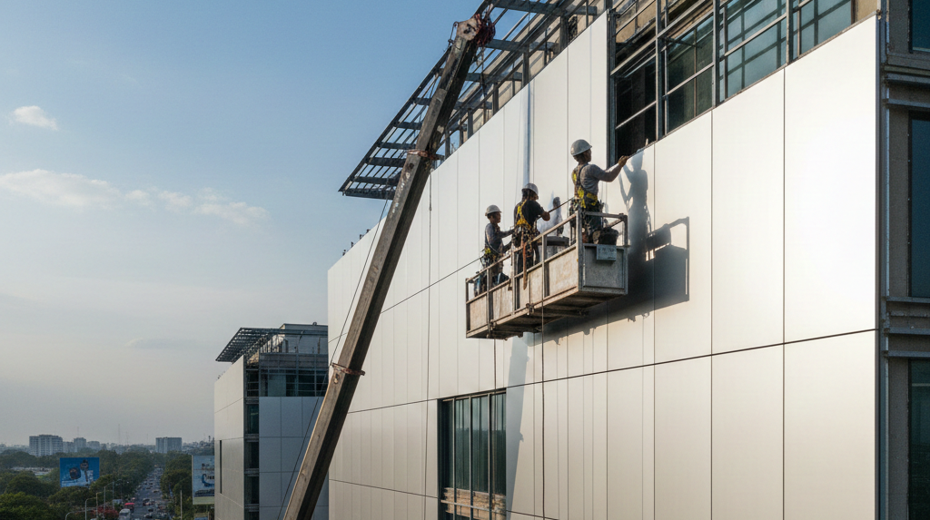 Detail proses pemasangan rangka aluminium sistem grid untuk pengerjaan pasang ACP kantor.