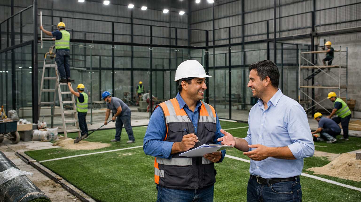 Pekerja kontraktor membangun lapangan padel dengan pemasangan kaca tempered, rumput sintetis, dan rangka baja profesional.