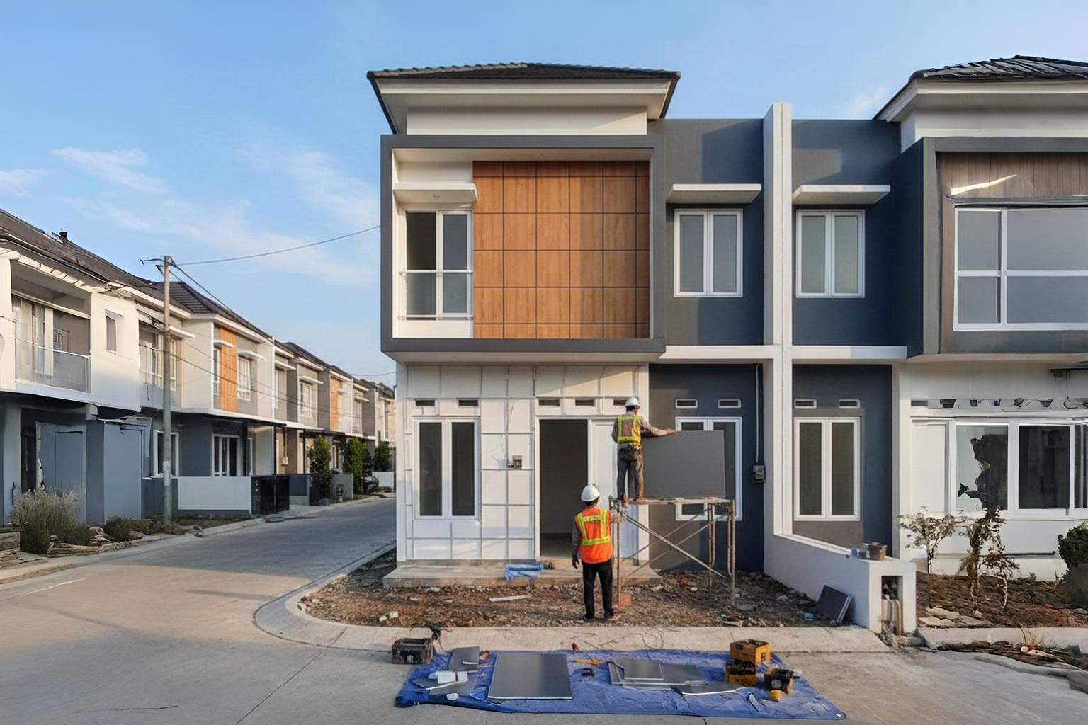 Tampilan fasad rumah minimalis menggunakan material Aluminium Composite Panel warna abu-abu yang rapi dan elegan.
