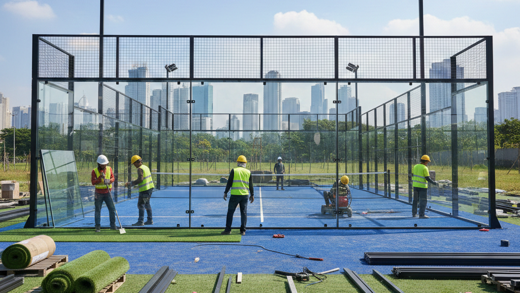 Kontruksi lapangan padel modern dengan kaca tempered bening di area Jakarta.