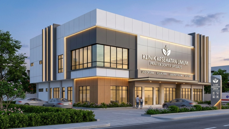Inspirasi desain eksterior gedung klinik menggunakan material aluminum composite panel warna putih minimalis yang terlihat bersih dan mewah.