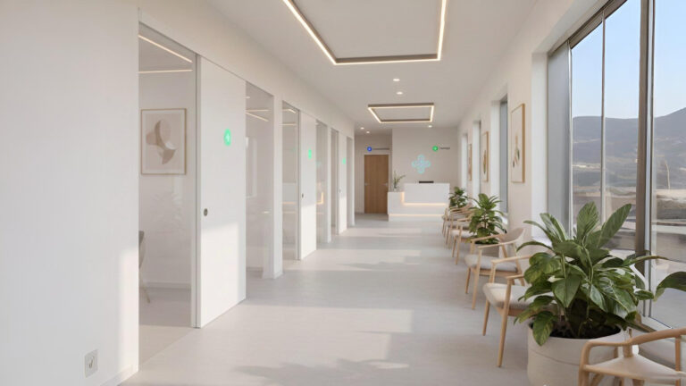 Interior klinik modern hasil renovasi profesional dengan konsep minimalis bersih dan nyaman untuk pasien medis.