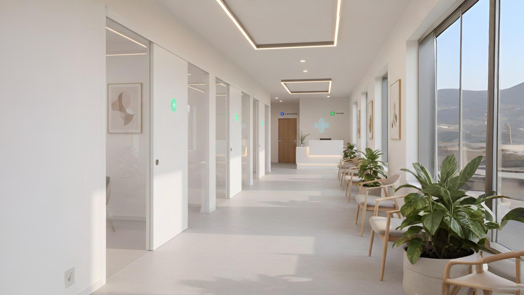 Interior klinik modern hasil renovasi profesional dengan konsep minimalis bersih dan nyaman untuk pasien medis.