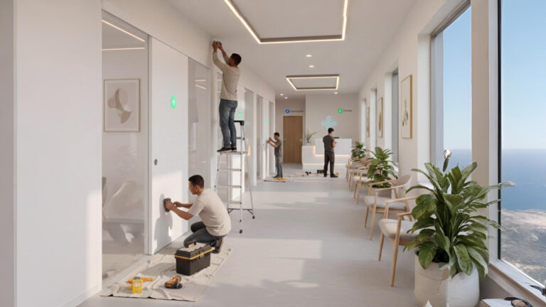 Tim profesional sedang melakukan renovasi ruang periksa klinik untuk meningkatkan kenyamanan dan keamanan pasien.