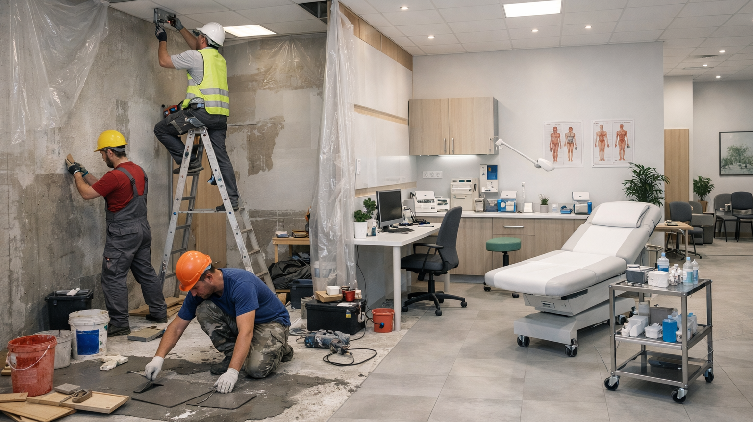 Renovasi klinik modern di Bekasi dengan desain interior bersih, nyaman, dan sesuai standar fasilitas kesehatan.