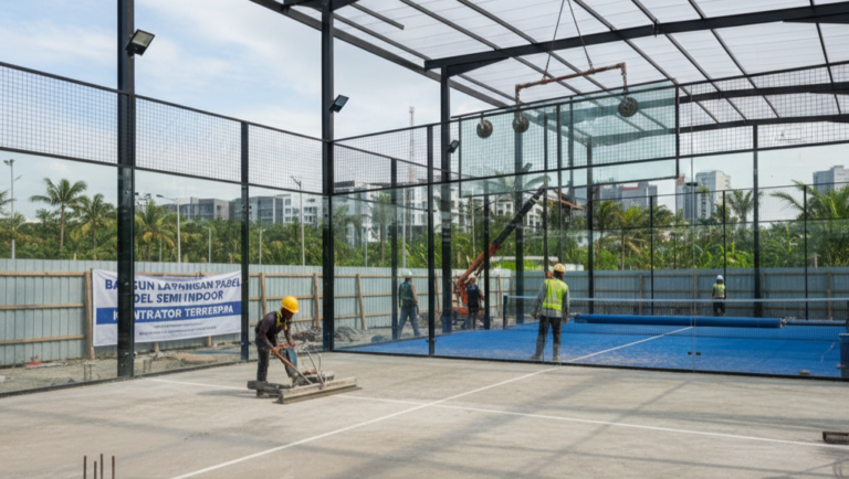 Proses pembangunan lapangan padel oleh kontraktor profesional di wilayah Bekasi menggunakan kaca tempered dan rumput sintetis berkualitas tinggi.