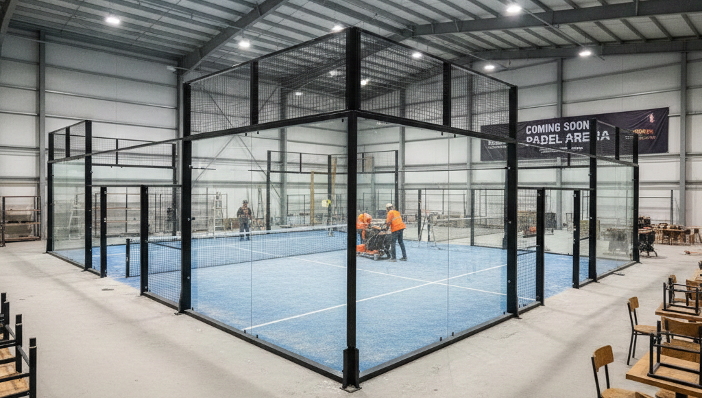 Interior gedung olahraga modern yang sedang dalam proses bangun lapangan padel indoor dengan standar internasional