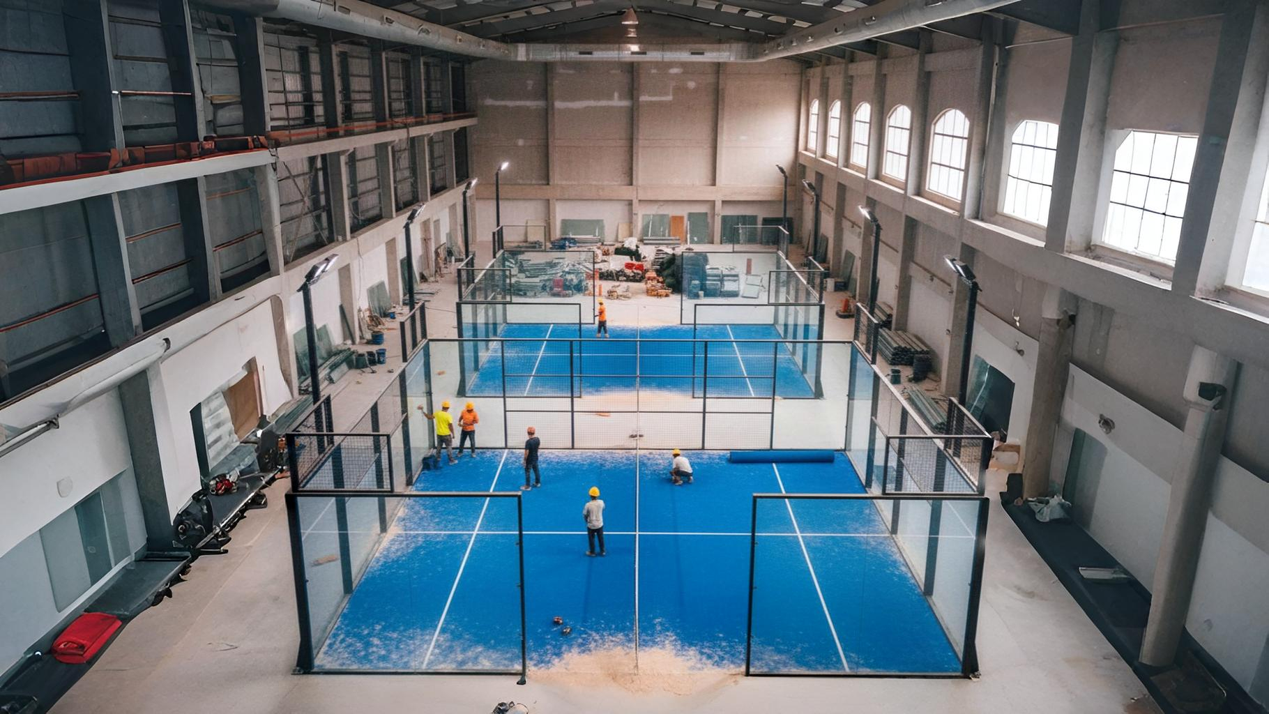 Proses konstruksi lapangan padel modern di Bekasi menggunakan kaca tempered dan rumput sintetis berkualitas internasional.
