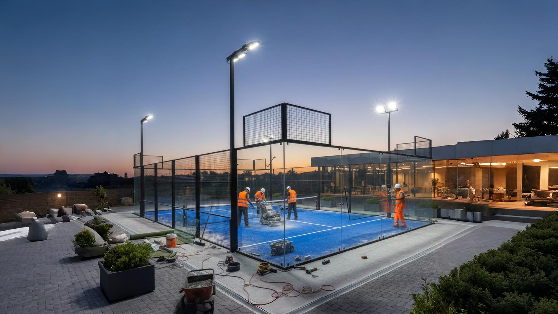 Tampilan malam lapangan padel outdoor dengan sistem pencahayaan lampu LED yang terang.