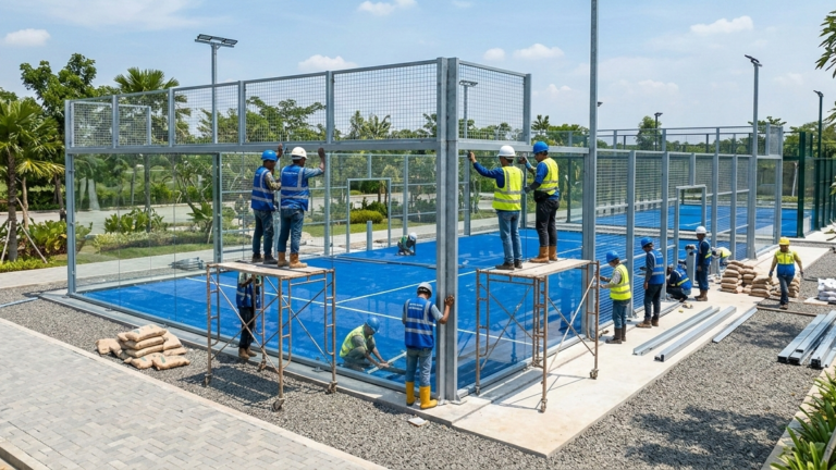 Proses pembangunan lapangan padel profesional oleh kontraktor spesialis lapangan olahraga di Indonesia menggunakan material berkualitas tinggi.