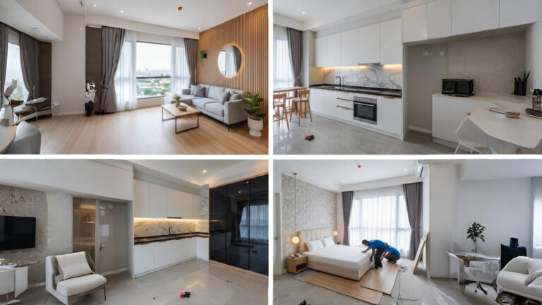 Desain interior ruang tamu modern minimalis di renovasi apartemen Pakuwon Bekasi.