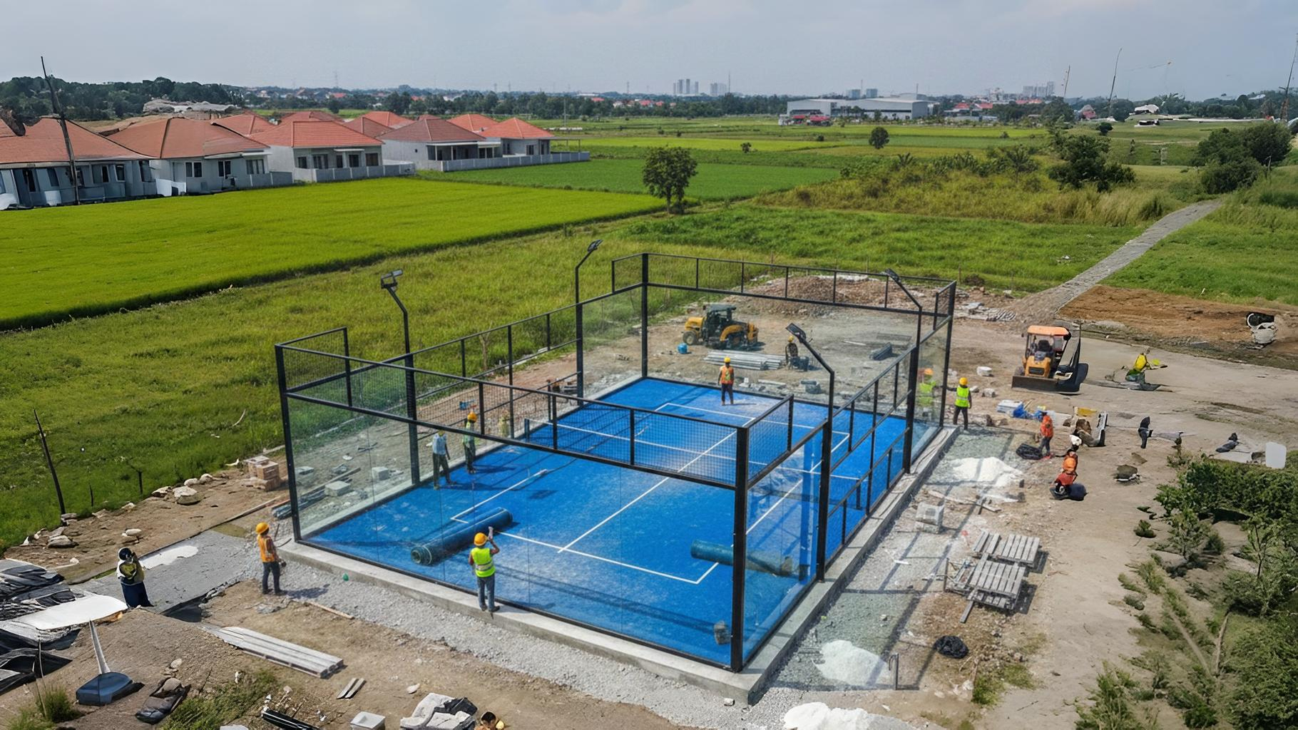 Pekerja profesional sedang memasang dinding kaca tempered untuk lapangan padel berkualitas tinggi di Cibarusah.