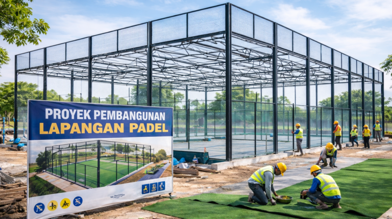 Kontraktor sedang membangun lapangan padel indoor di Cibitung dengan pemasangan kaca tempered dan rumput sintetis standar internasional.