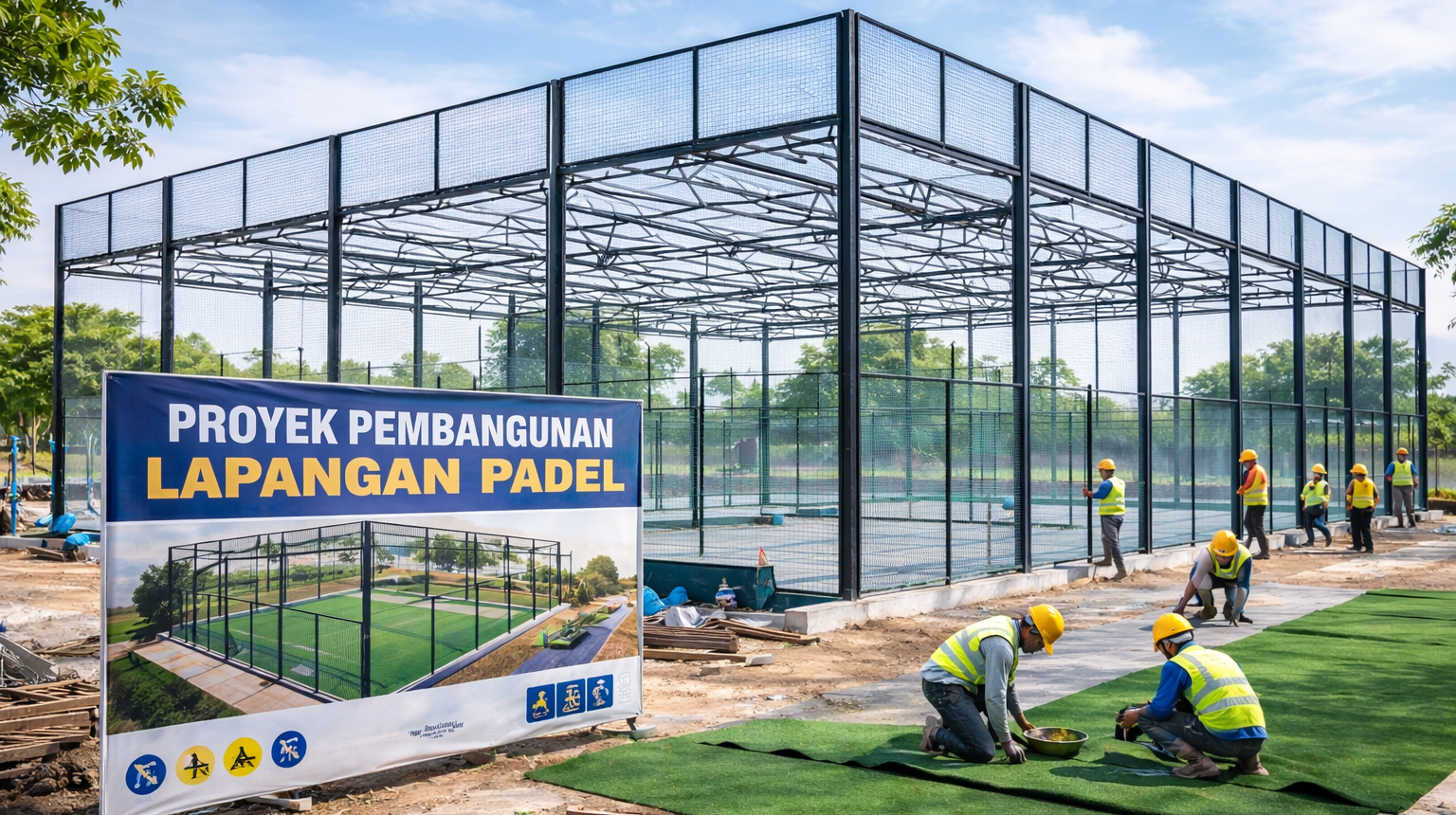 Kontraktor sedang membangun lapangan padel indoor di Cibitung dengan pemasangan kaca tempered dan rumput sintetis standar internasional.