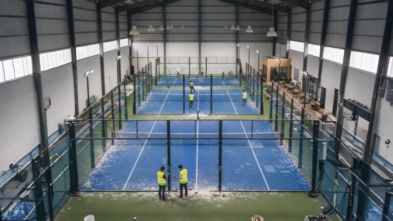 Proses pengerjaan pondasi dan beton rata untuk bangun lapangan padel Bekasi yang profesional.