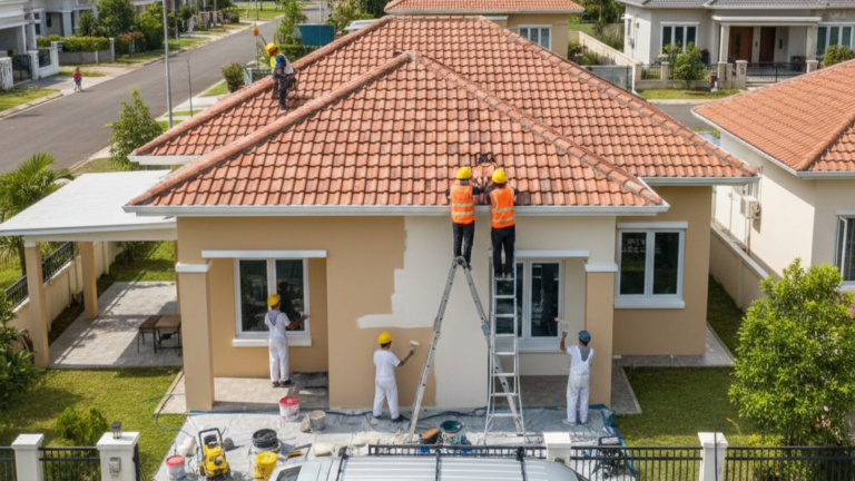 Tukang sedang memperbaiki atap bocor dan mengecat dinding rumah agar kembali terlihat baru dan nyaman.