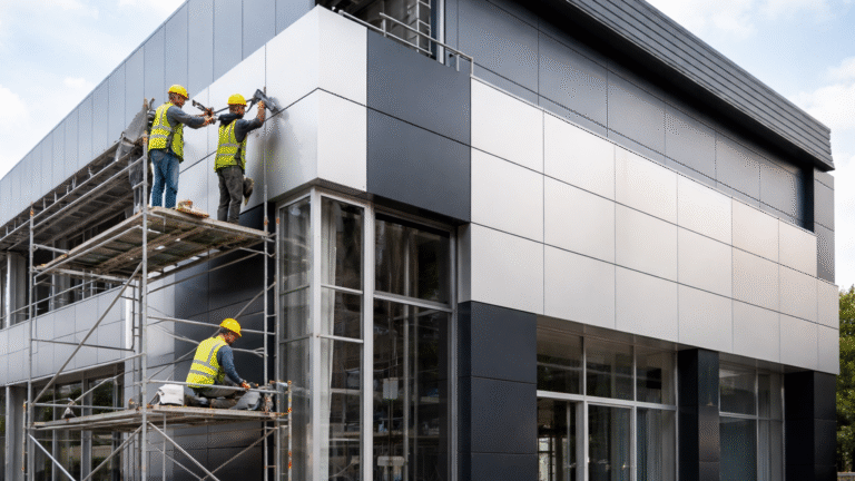Pemasangan ACP modern pada fasad gedung kantor di Bekasi dengan finishing glossy