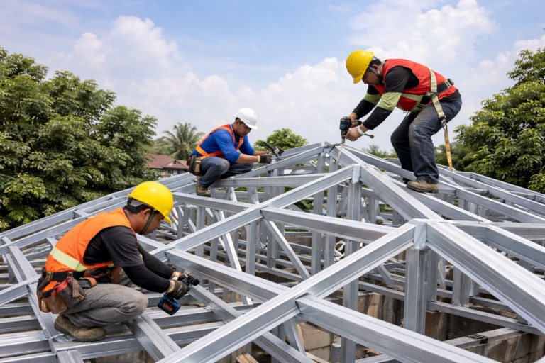 Proses pemasangan rangka baja ringan oleh tukang profesional di wilayah Cilandak Jakarta Selatan., rasio 9:16