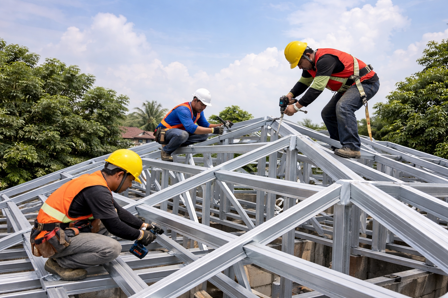 Proses pemasangan rangka baja ringan oleh tukang profesional di wilayah Cilandak Jakarta Selatan., rasio 9:16
