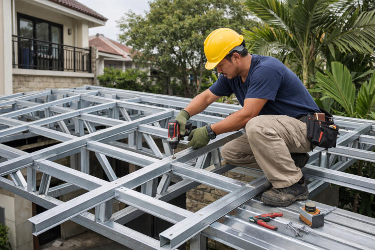 Tukang kanopi baja ringan Jagakarsa profesional siap melayani pemasangan atap rumah minimalis dengan hasil rapi dan berkualitas.