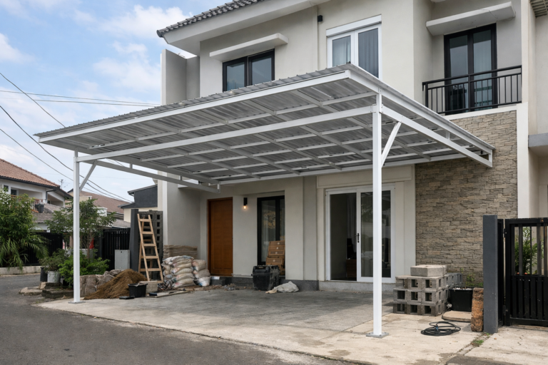 Contoh atap kanopi alderon yang terpasang rapi untuk perlindungan cuaca di Jagakarsa.