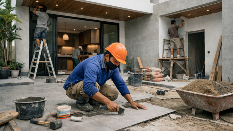 Tukang sedang mengerjakan proyek renovasi rumah minimalis modern di kawasan Jakarta Selatan dengan hasil rapi.